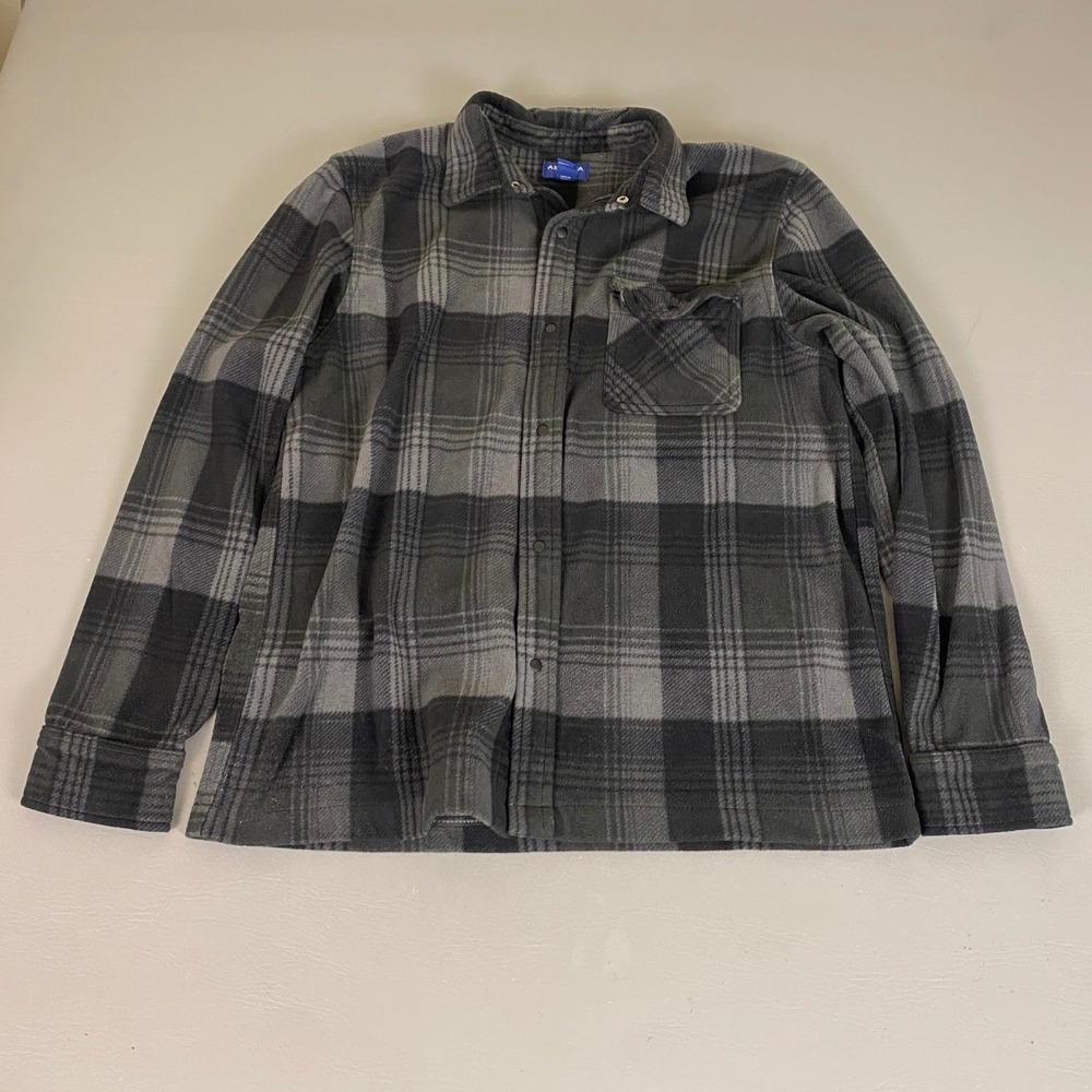 Arizona Jean Co Fleece Shirt Jacket Snap Front Men's Large Grey Black Plaid